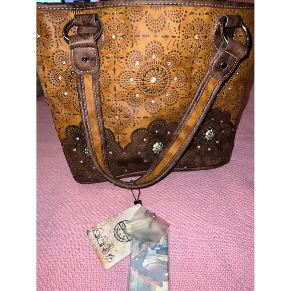 Montana West Handbags - Montana West Concealed Carry Tote Bag Western Laser Cut Rhinestone Brown New